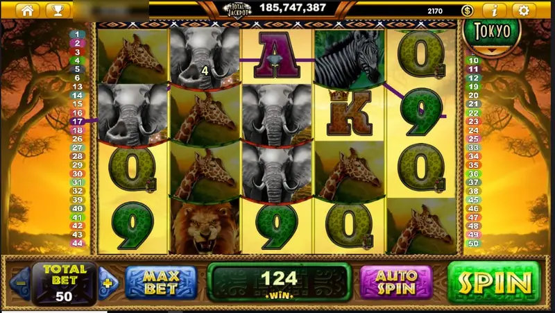 Elephants and giraffes on the reels joined by a purple line for a win of 124