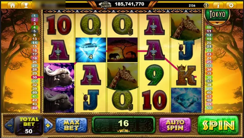A buffalo with a purple collar on reel one and a line through A and 9 symbols for a win of 16