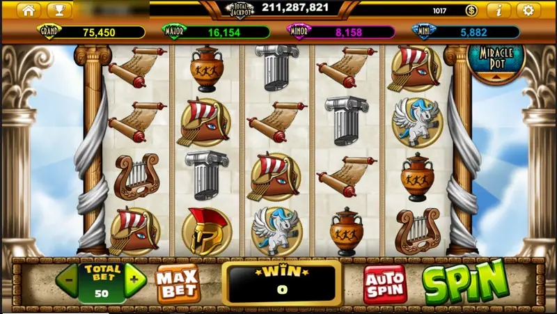 Zeus D' Mighty idle screen at total bet 50 with scrolls, lyres, columns, amphoras and a Pegasus coin, jackpot bars above