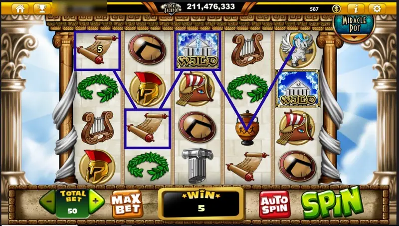 Zeus D' Mighty win of 5 with scrolls and shields framed in blue and a temple WILD on reel three