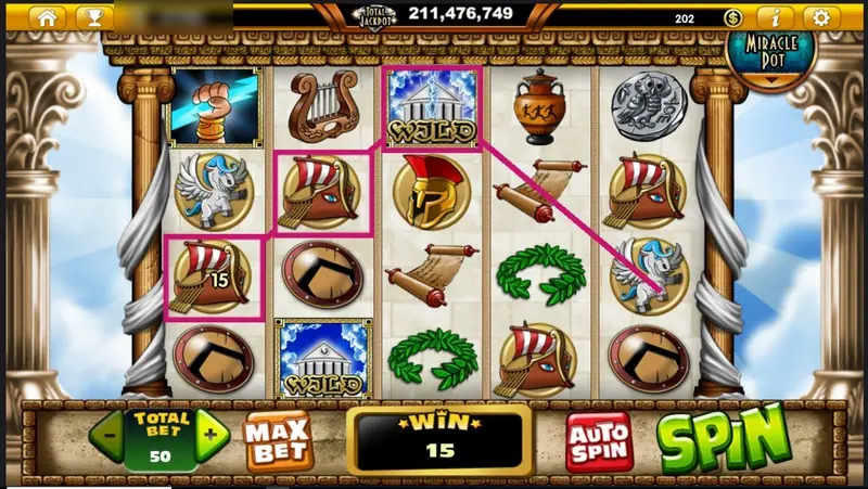 Zeus D' Mighty win of 15 with symbols framed in pink along a zig-zag line, including a temple WILD on reel three