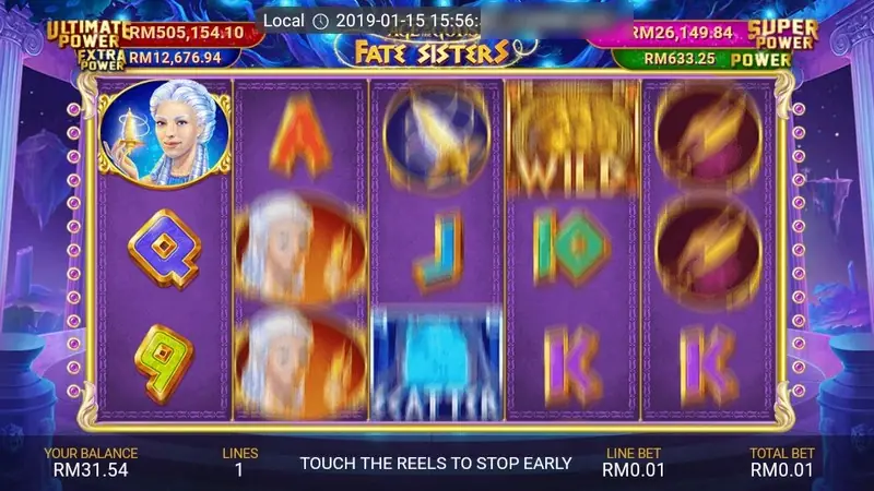 Fate Sisters mid-spin with a WILD coin on reel four and blurred symbols, jackpot boxes at the top