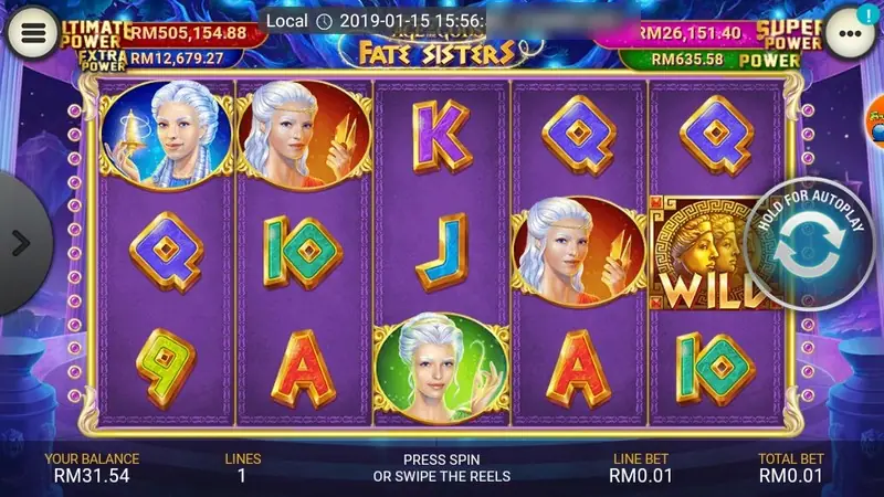 Three sister portraits on the reels with a WILD on reel five and gold card letters
