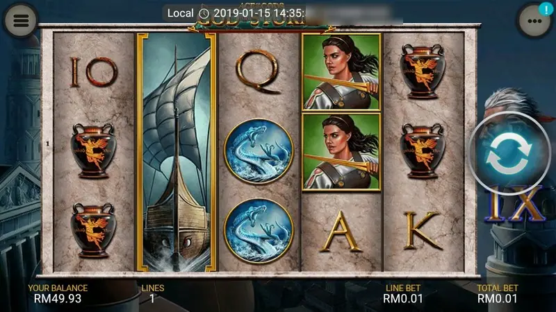 God of Storms with a tall ship wild covering reel two, a warrior woman symbol on reel four, and 1X beside the storm god