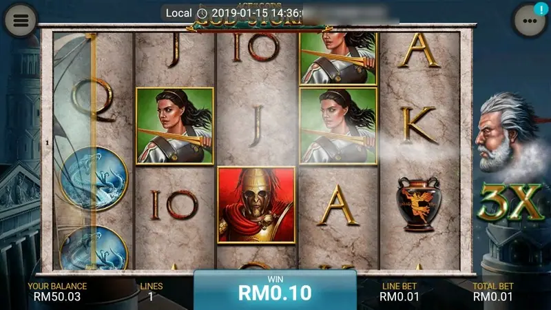 Ship wild now on reel one, a red helmeted warrior in the middle, 3X next to the storm god and a RM0.10 win in the WIN box