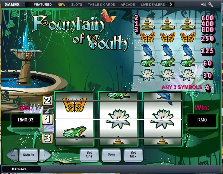 Fountain of Youth start screen with a butterfly and frog on reel one, lilies on reels two and three, Bet RM0.03, Win RM0