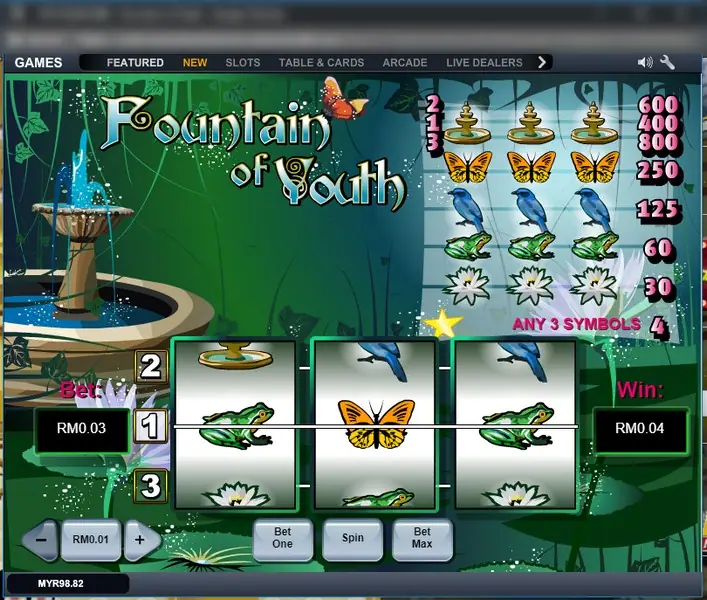 Fountain of Youth with frogs on reels one and three and a butterfly in the middle, win RM0.04