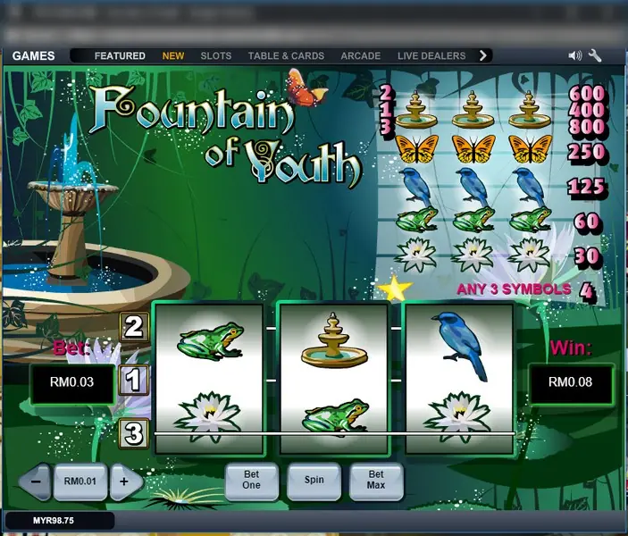 Frog, fountain and bird on the middle line of Fountain of Youth, win RM0.08