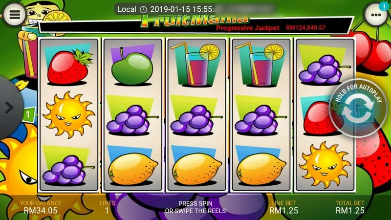 Fruit Mania with two cocktail glasses and a sun on the right reels