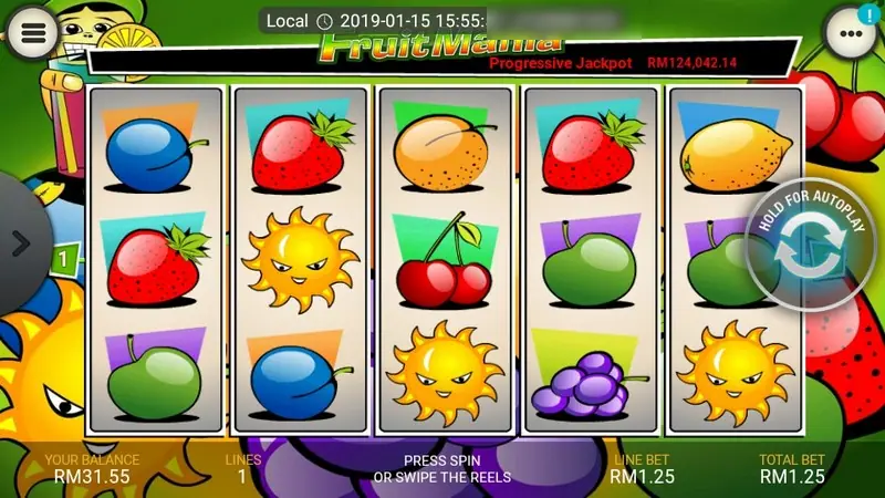 Final Fruit Mania screen with suns on reels two, three and five, plums and apples, balance RM31.55