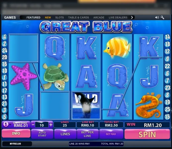 LPE88 Great Blue slot running in a desktop window with tabs for Games, Featured, New, Slots, Table and Cards, Arcade and Live Dealers, 25 lines at RM0.10 a line, total bet RM2.50 and a win of RM1.20