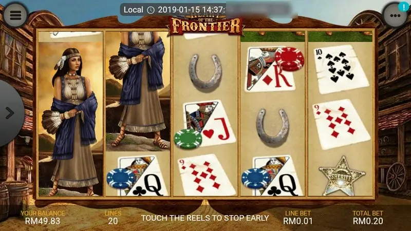 Heart of the Frontier reels with two tall character symbols on reels one and two, horseshoes, a jack and a king with poker chips