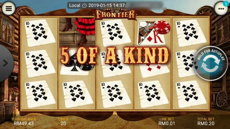 Heart of the Frontier on the LPE88 phone app showing a 5 OF A KIND banner across rows of playing cards, balance RM49.43 and total bet RM0.20