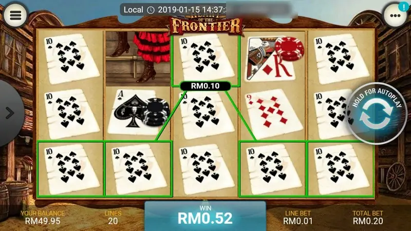 Heart of the Frontier win with green lines joining nine and ten of spades cards across all five reels, RM0.52 in the WIN box