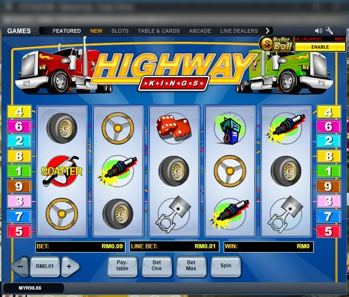 Highway Kings with red and green trucks above the logo, tyres, steering wheels, spark plugs and a SCATTER on the reels, nine coloured line markers each side