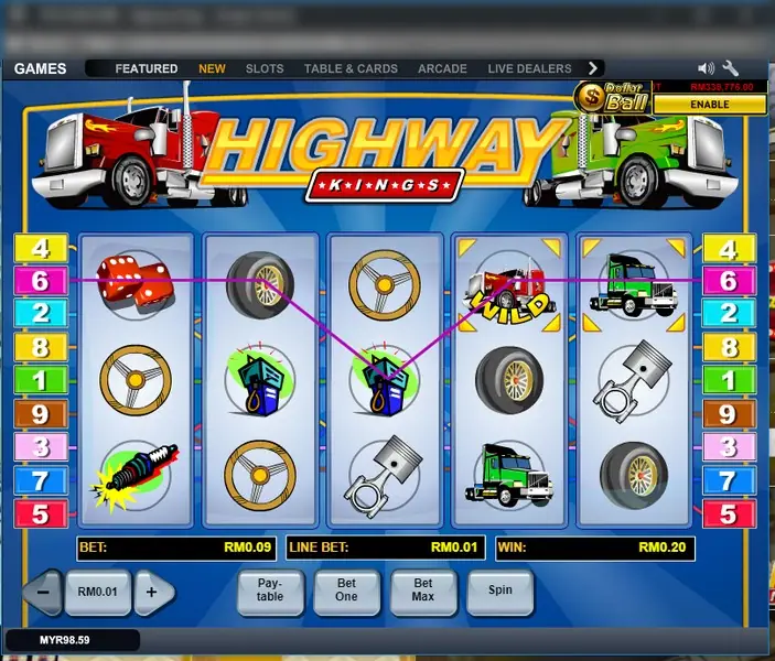 Highway Kings with a purple line zig-zagging from dice through a spark plug to a WILD truck cab, win RM0.20