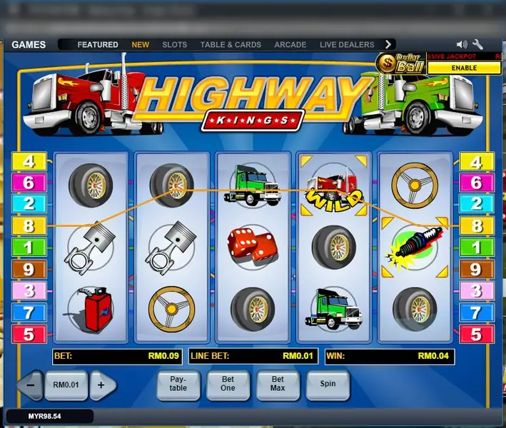 Orange lines across tyres, pistons and a WILD truck on reel four, win RM0.04