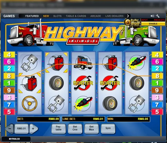 Two SCATTER badges on reels three and four with fuel cans and tyres, win RM0.05