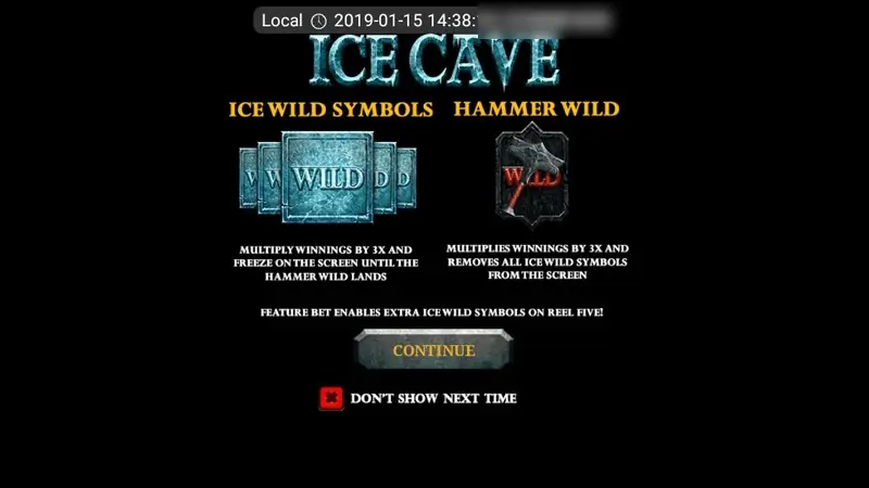 Ice Cave intro screen: Ice Wild symbols multiply winnings by 3x and freeze until the Hammer Wild lands; Hammer Wild multiplies by 3x and removes all Ice Wilds; Feature Bet enables extra Ice Wild symbols on reel five