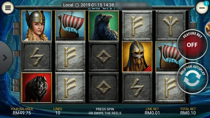 Ice Cave base game with a Viking shieldmaiden, a bearded warrior in a horned helmet, longships and grey rune stones, FEATURE BET OFF