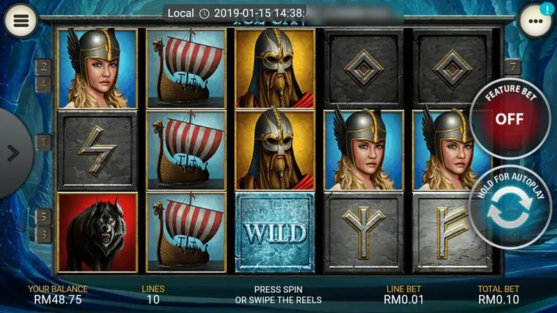 Ice Cave reels with a Viking shieldmaiden, bearded warriors, a longship and an Ice WILD tile on reel three, FEATURE BET OFF button on the right