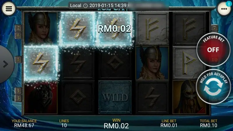 Ice Cave with three icy frozen tiles on the left reels and RM0.02 shown on one of them and in the WIN box