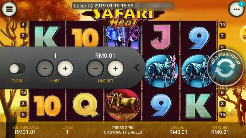 Safari Heat with the settings drawer open, showing a TURBO switch, LINES set to 1 and LINE BET at RM0.01 with minus and plus buttons