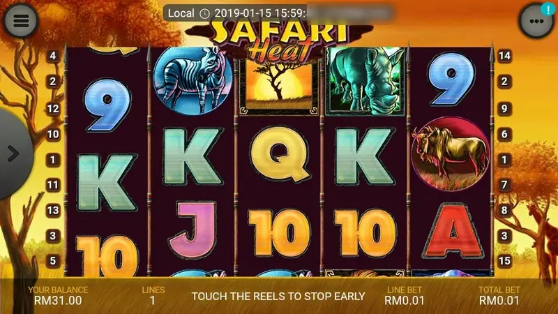 Reels spinning with a zebra, rhino and sunset tree on top, TOUCH THE REELS TO STOP EARLY at the bottom