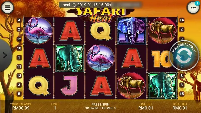 Safari Heat reels with a rhino, flamingos, a wildebeest and red A symbols