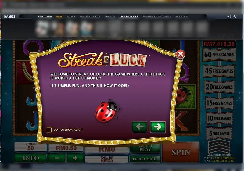 Streak of Luck welcome pop-up with the logo and a ladybird, arrows to page through the rules and a DO NOT SHOW AGAIN box