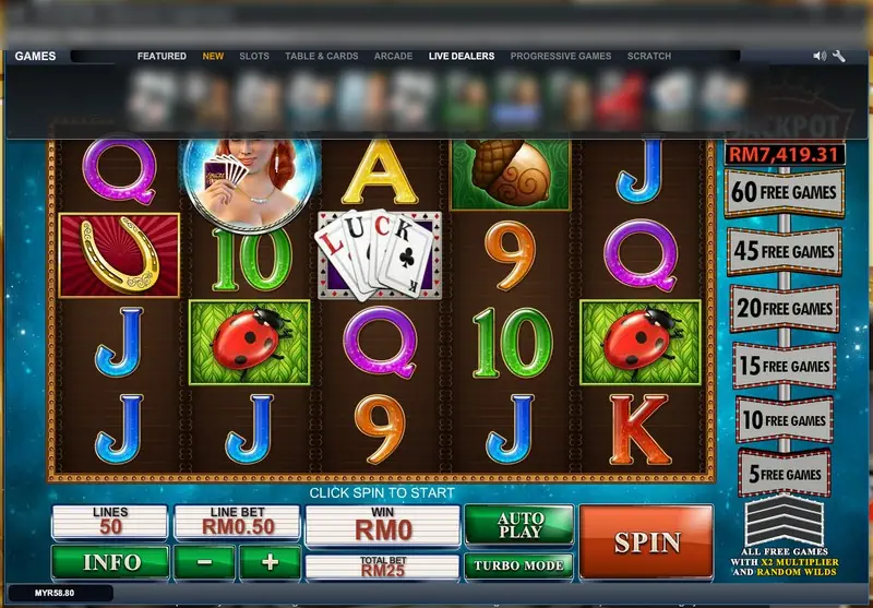 Streak of Luck base game with 50 lines, line bet RM0.50 and total bet RM25, jackpot RM7,419.31