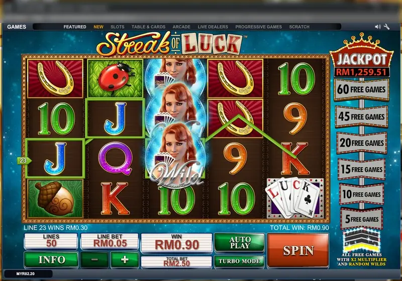 Streak of Luck reels with a stacked red-haired Lady Luck wild on reel three, horseshoes, a ladybird and a LUCK card fan, JACKPOT RM1,259.51 and a ladder of 60 to 5 free games on the right