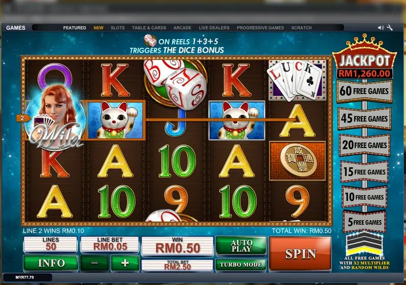 Streak of Luck with a banner reading ON REELS 1+3+5 TRIGGERS THE DICE BONUS, a Lady Luck wild on reel one and a lucky cat on reel two, JACKPOT RM1,260.00