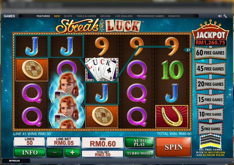Streak of Luck reels with two Lady Luck wilds on reel one, coins, horseshoes and a LUCK card fan, total win RM0.60