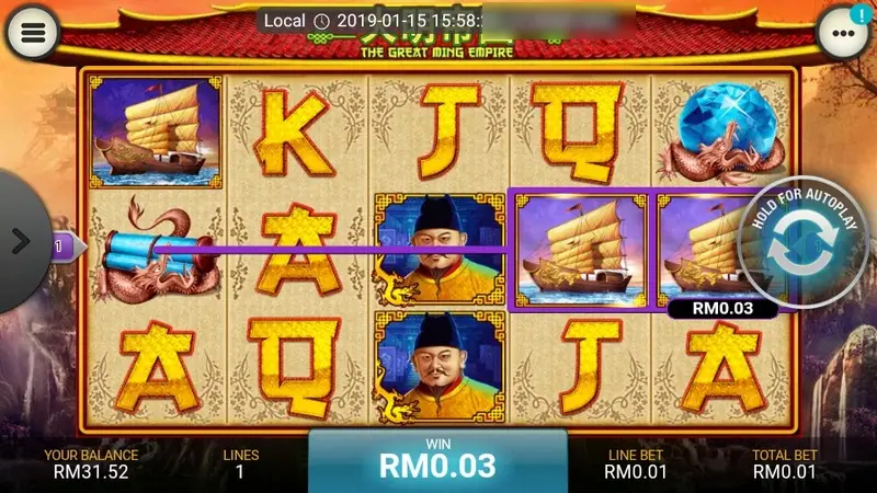 The Great Ming Empire reels with a purple win line through three junk ship symbols, RM0.03 shown on the ship and in the WIN box