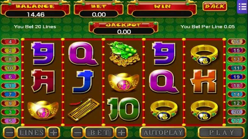 5 Fortune reels with a jade toad on coins, gold ingots, an abacus and gold rings, 20 line markers and the panel reading You Bet 20 Lines, 0.05 per line