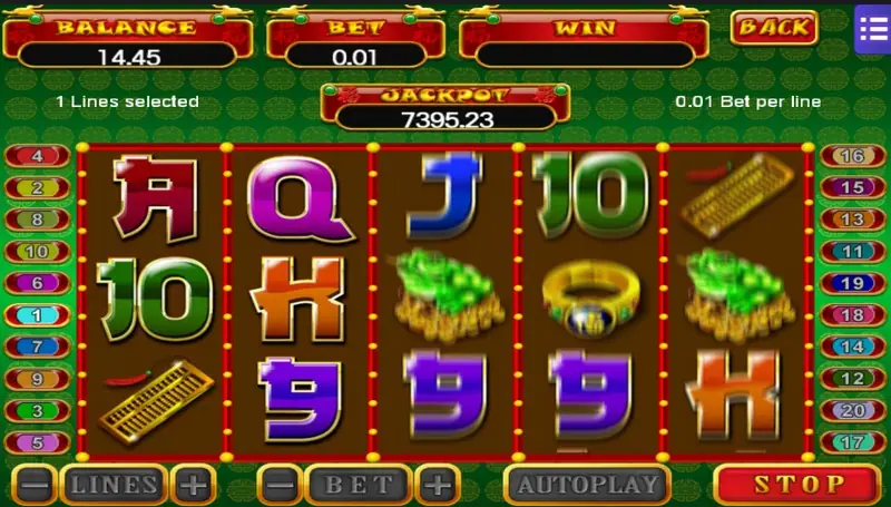 5 Fortune reels on one line with a jackpot of 7395.23, the jade toad twice on the middle reels and gold ingots, bet 0.01