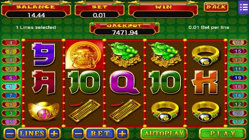 5 Fortune panel with LINES, BET and AUTOPLAY buttons and a green PLAY button, a red good-luck figure on the second reel