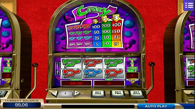 Crazy 7 three-reel slot machine on a red wall with green, red and blue sevens, a paytable of 100, 200 and 400 at the top, credit 99.06