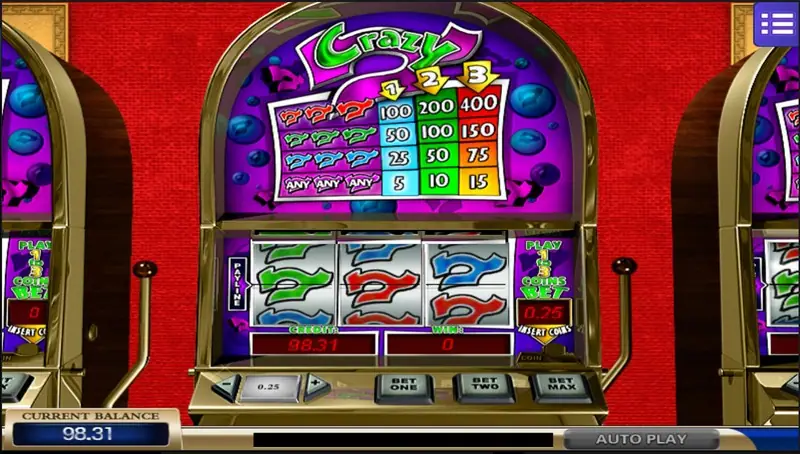 Crazy 7 reels showing mixed green, red and blue sevens, with BET ONE, BET TWO and BET MAX keys under the credit window