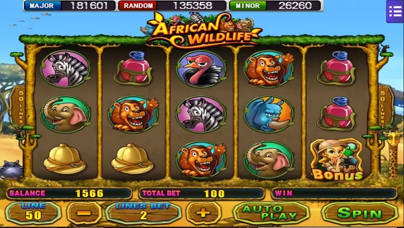 African Wildlife reels with zebras, red canteens, safari helmets, lions, an ostrich and a girl explorer marked Bonus on reel 5, total bet 100