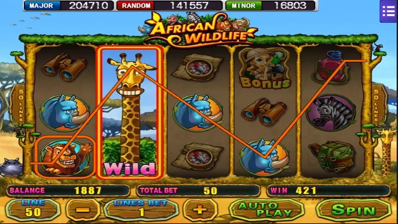 African Wildlife reels with a giraffe WILD filling reel 2 and an orange win line linking a lion, rhino and binoculars, WIN 421, total bet 50