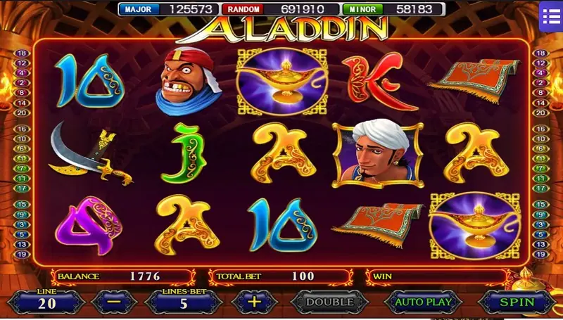 Aladdin Wishes reels with scimitars, a red-turbaned bandit, a young man in a white turban, magic lamps and a flying carpet, total bet 100