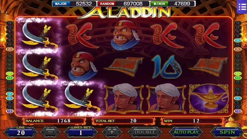 Aladdin Wishes win with four glowing scimitars on reels 1 and 2, a bandit, carpets and a magic lamp, WIN 12