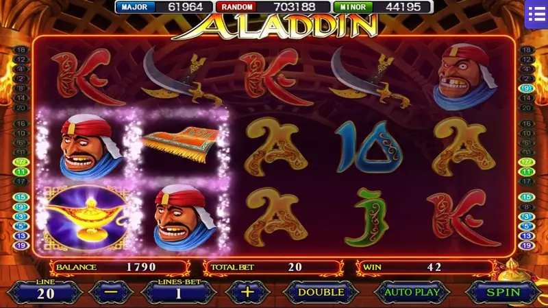 Aladdin Wishes with two bandits, a magic lamp and a flying carpet highlighted on reels 1 and 2, WIN 42