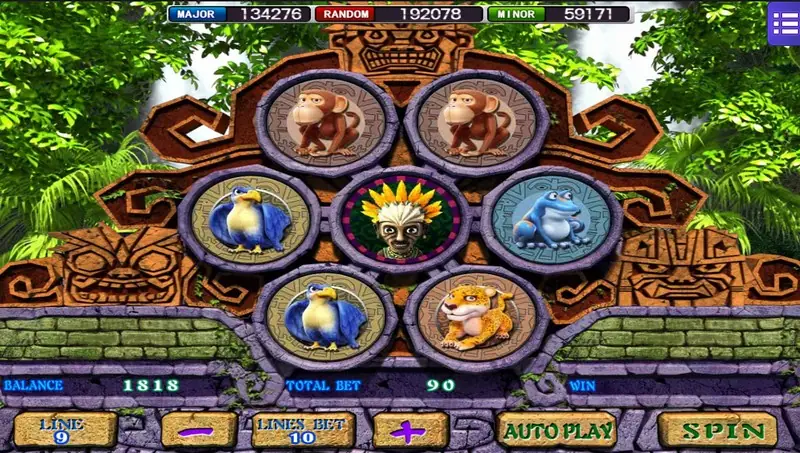 Amazon Jungle layout of seven round tiles on a stone temple, with two monkeys on top, a tribal mask in the centre, blue parrots, a frog and a jaguar
