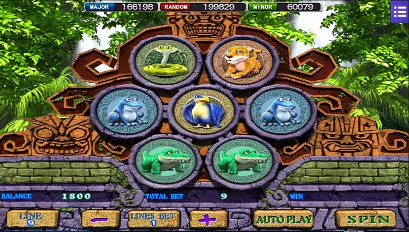 Amazon Jungle with a snake and a jaguar on top, frogs left and right of a parrot in the centre, two crocodiles on the bottom, total bet 9