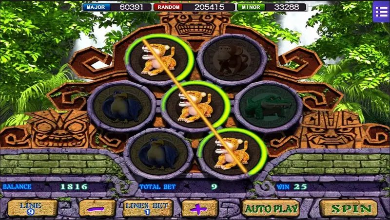 Amazon Jungle win with three jaguars in a diagonal line from top left through the centre to bottom right, other discs darkened, WIN 25
