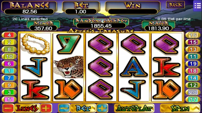 Aztec's Treasure at 20 lines and 0.05 per line, a jaguar on reel 2 and bead necklaces, BALANCE 82.56, BET 1.00