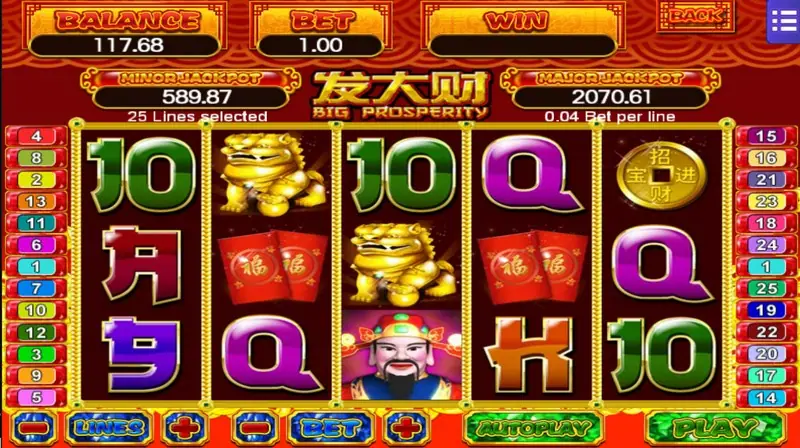 Big Prosperity reels with red packets, a golden beast statue, a God of Wealth portrait and gold coin, 25 lines selected at 0.04 per line, bet 1.00